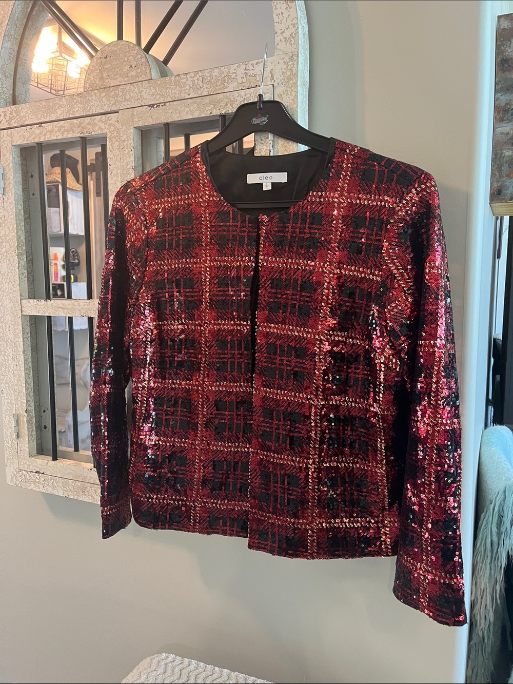 cleo Red and Black Sequined Plaid Blazer